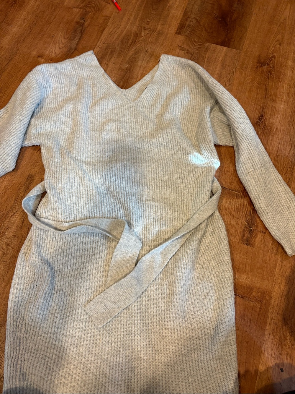 Express Light Gray Ribbed Knit V-Neck Sweater Dress